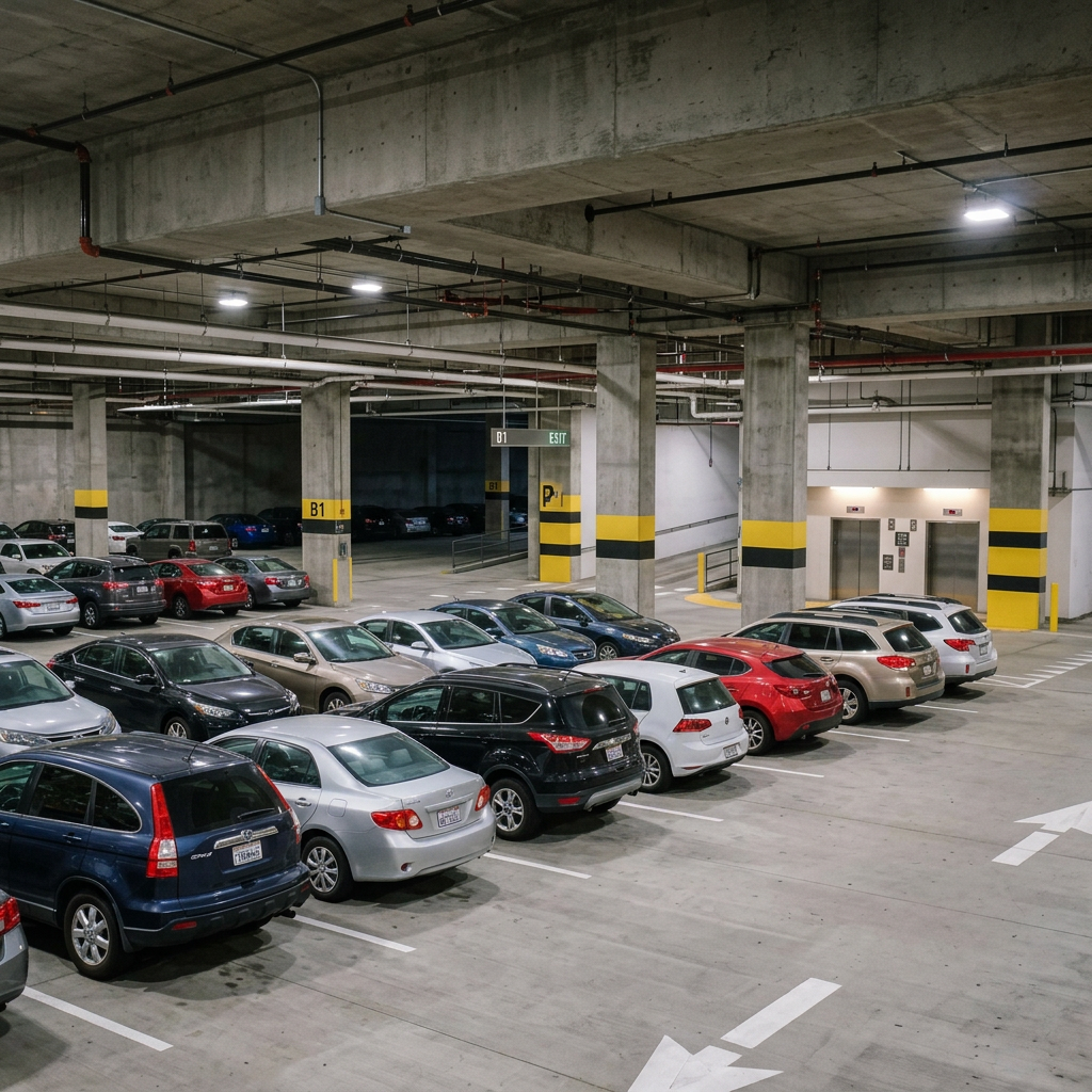 Cars parked in apartment basement parking