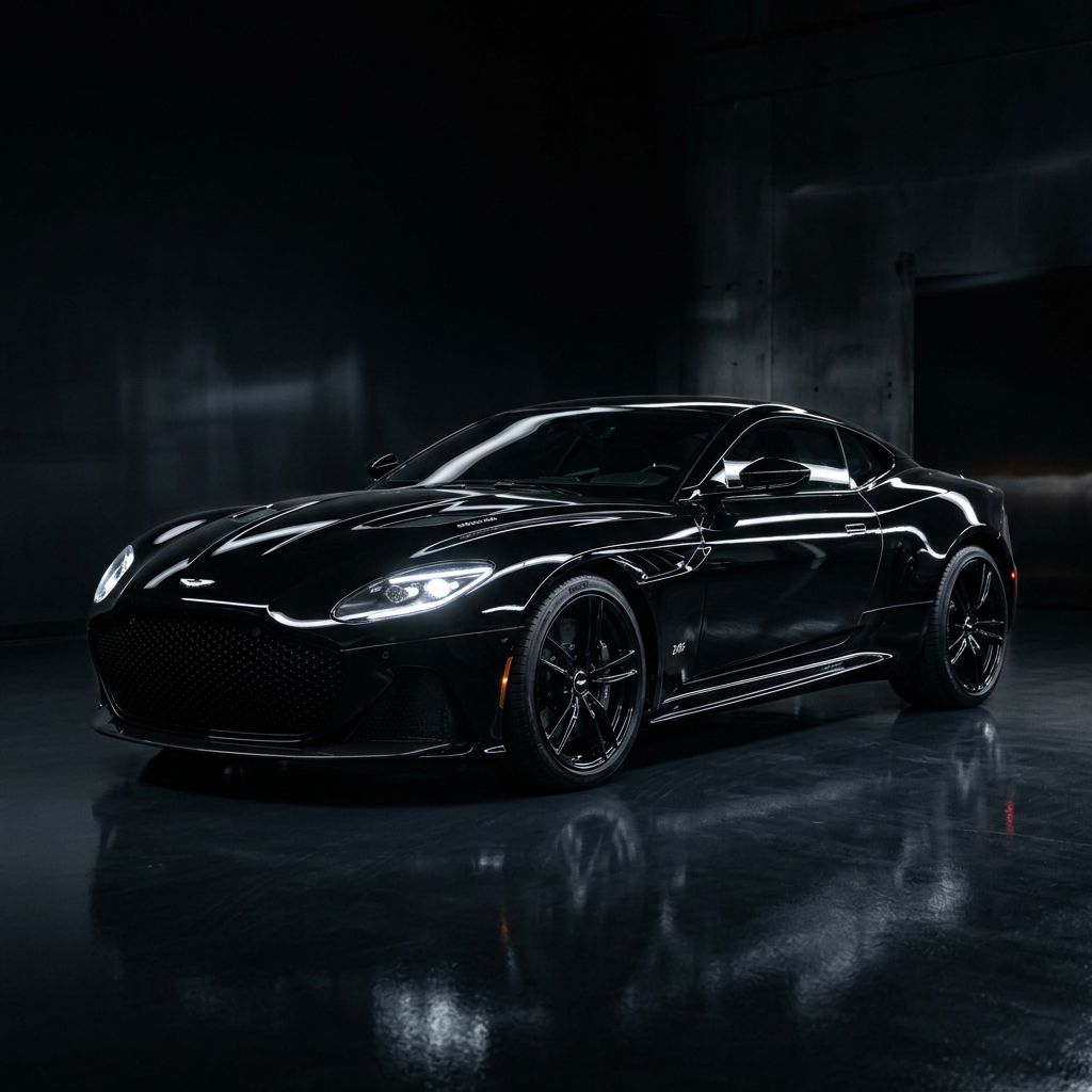 Black luxury sports car with headlights on in dark studio